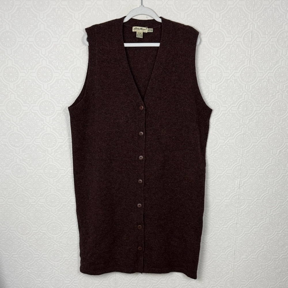 Vintage Eddie Bauer‎ 100% Wool Sweater Vest Button Front Brown XXL Lagenlook 90s
